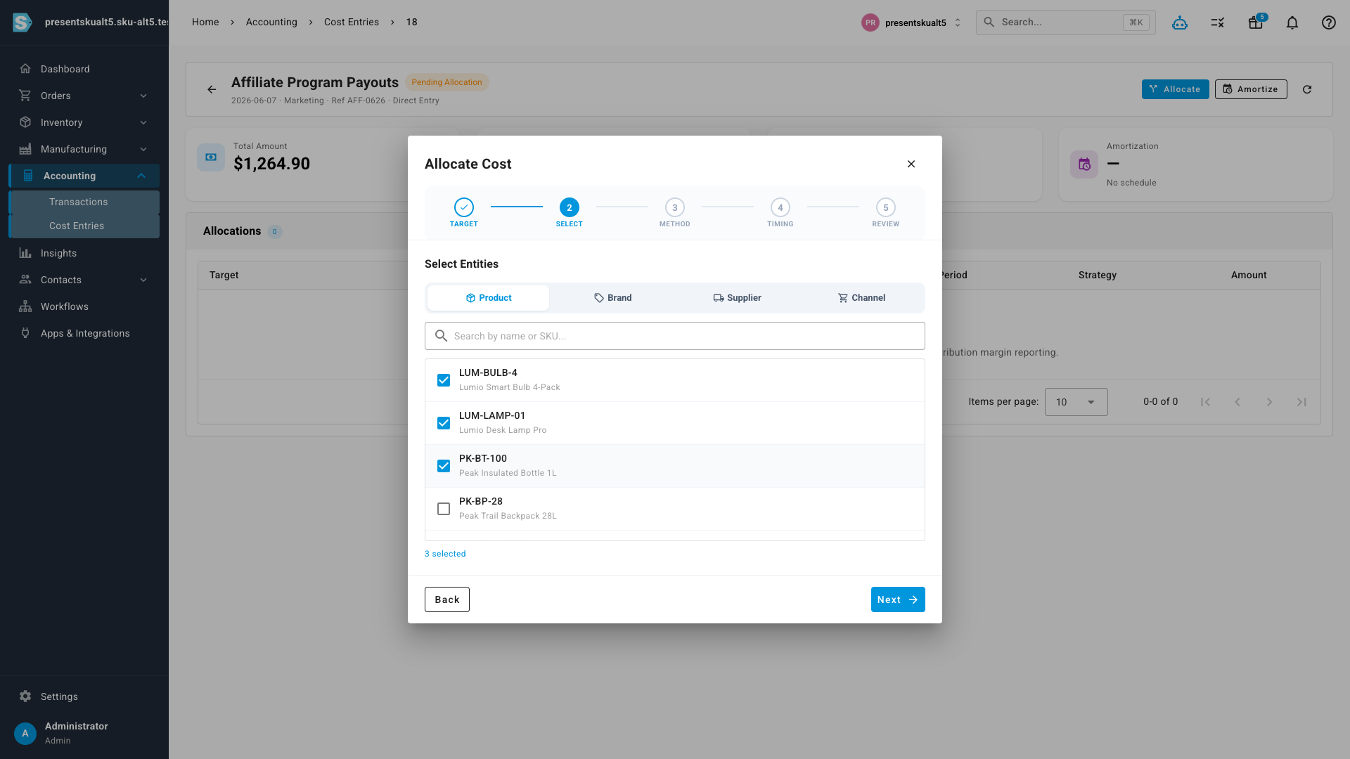 The Allocate Cost wizard — selecting products to carry a share of an affiliate payout