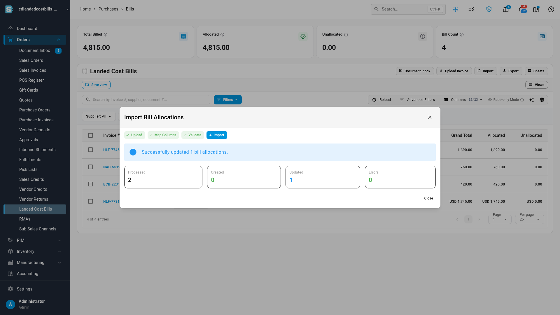 The allocations import result