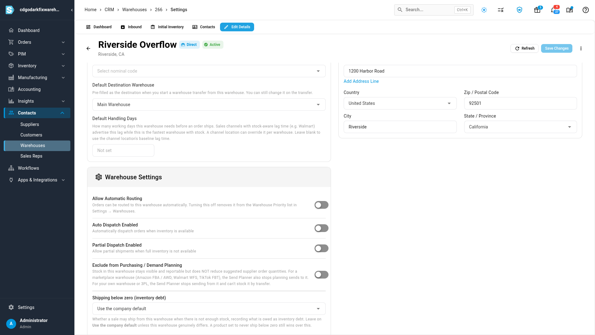 The Allow Automatic Routing switch under Warehouse Settings, turned off