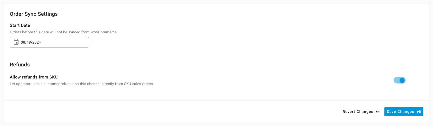 The WooCommerce Orders settings tab with Allow refunds from SKU turned on