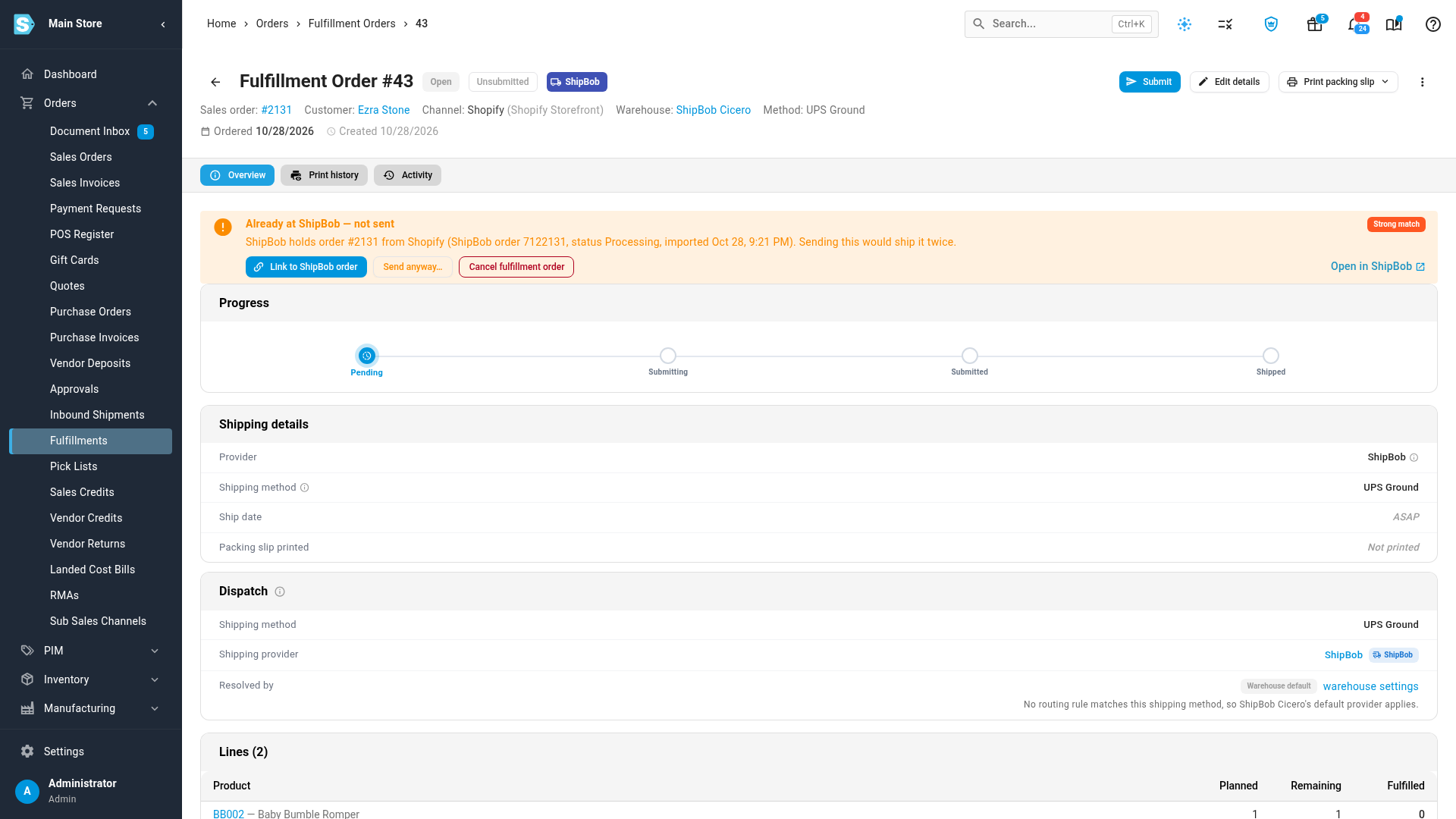 A fulfillment order held because ShipBob already has it, with Link to ShipBob order, Send anyway and Cancel fulfillment order