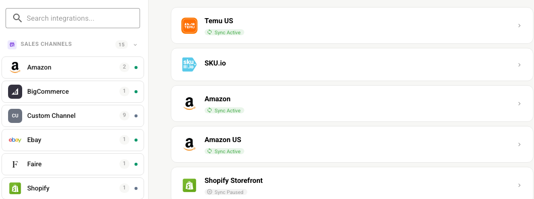 Two Amazon connections in the integrations list