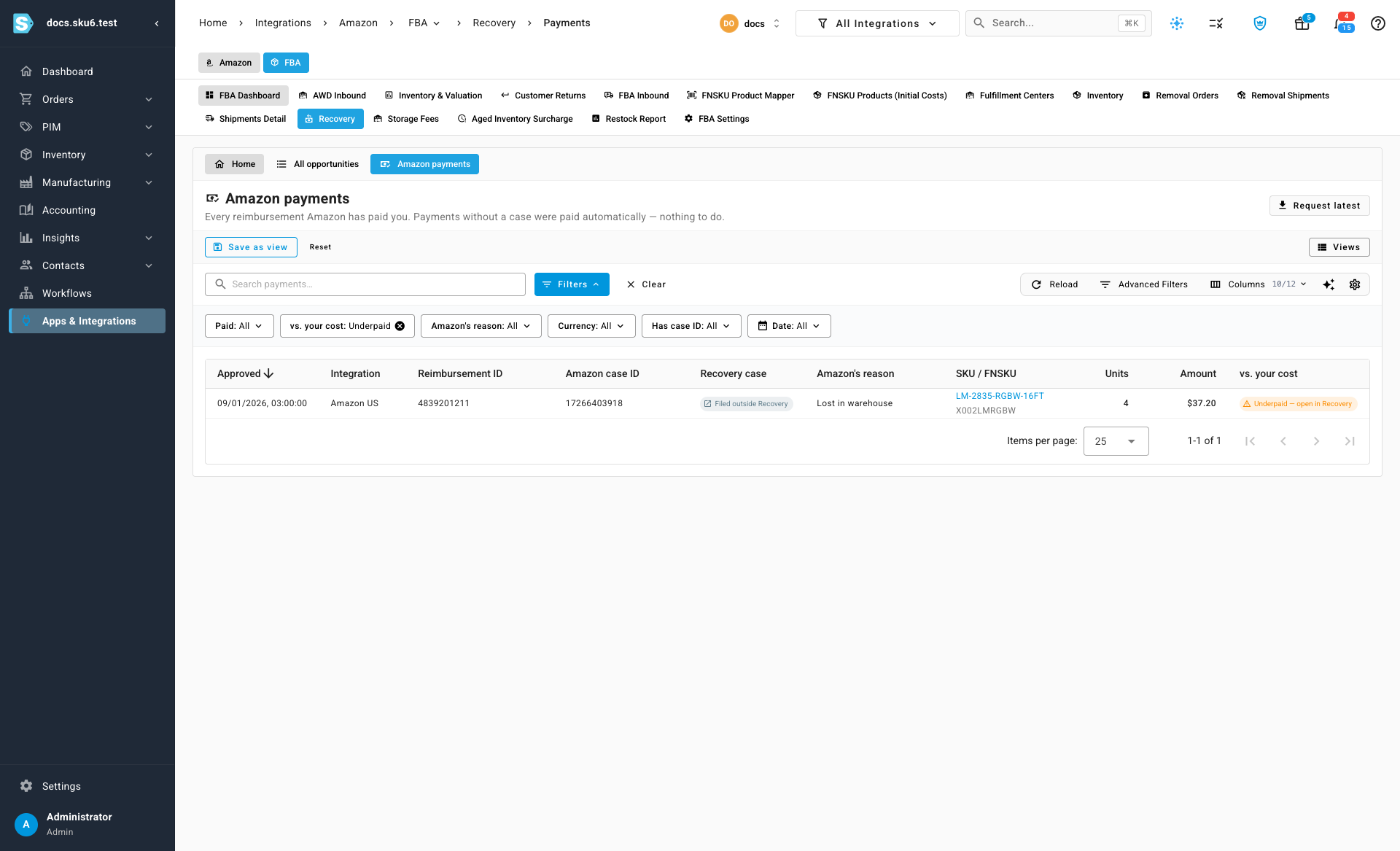 Amazon payments filtered to underpaid reimbursements