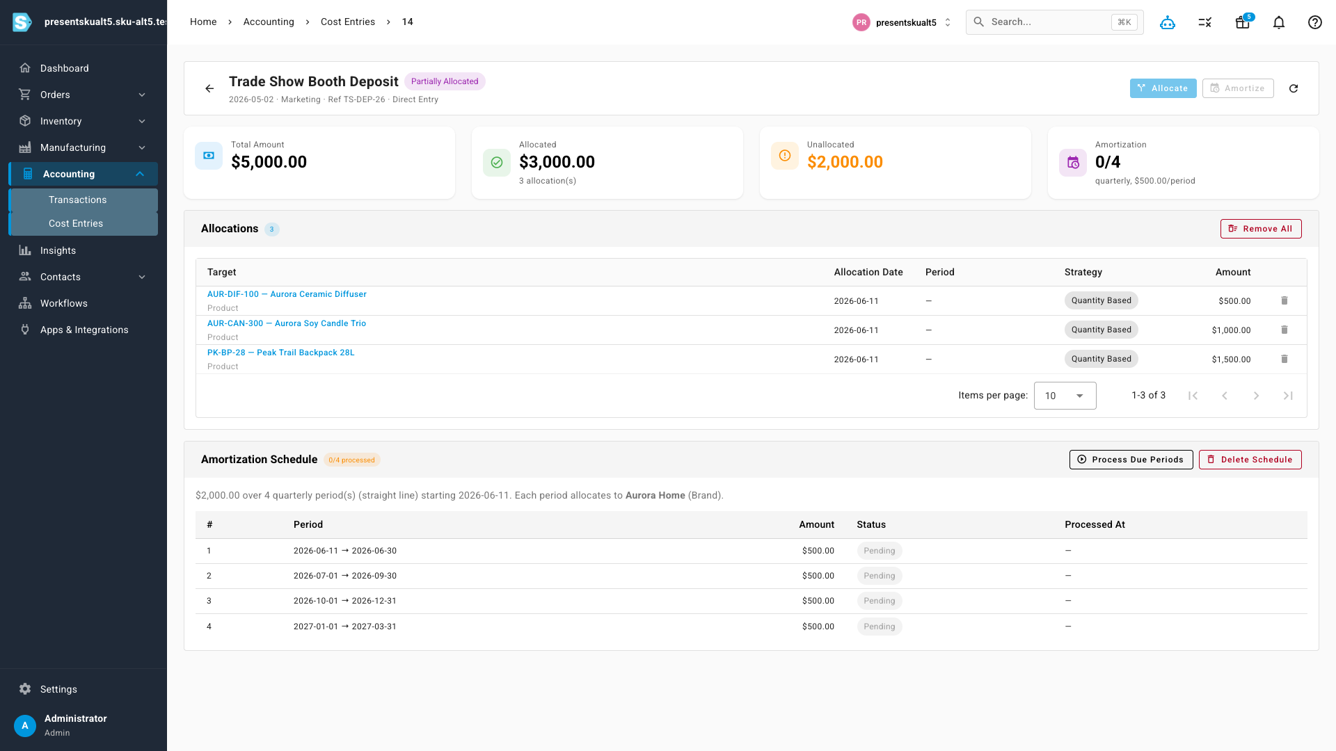 A cost entry amortized over four quarterly periods, each allocating to a brand automatically