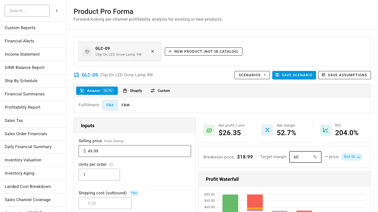 The Pro Forma analyzer with a product selected — channel tabs with margin badges, prefilled listing price, live profit metrics, and target-margin goal seek