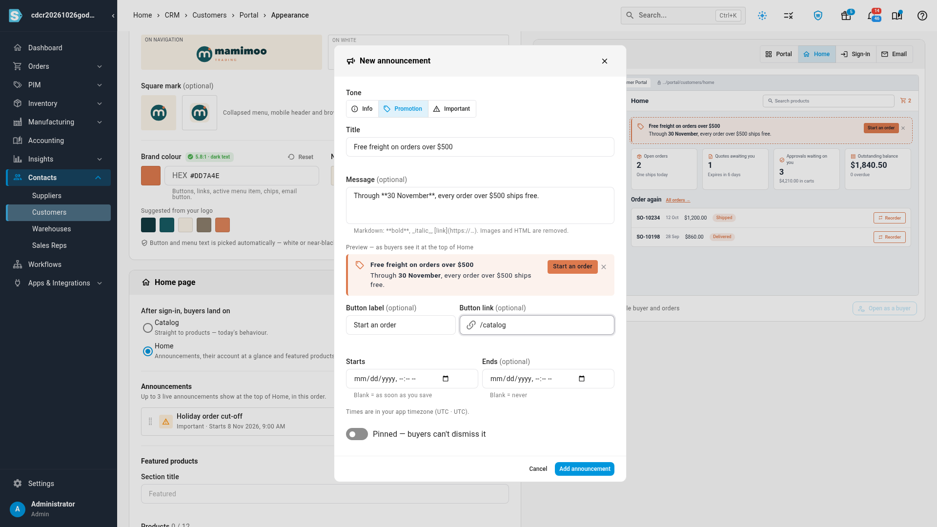 The New announcement dialog, filled in as a promotion with a button