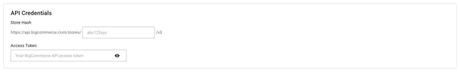 The API Credentials card with the Store Hash and Access Token fields