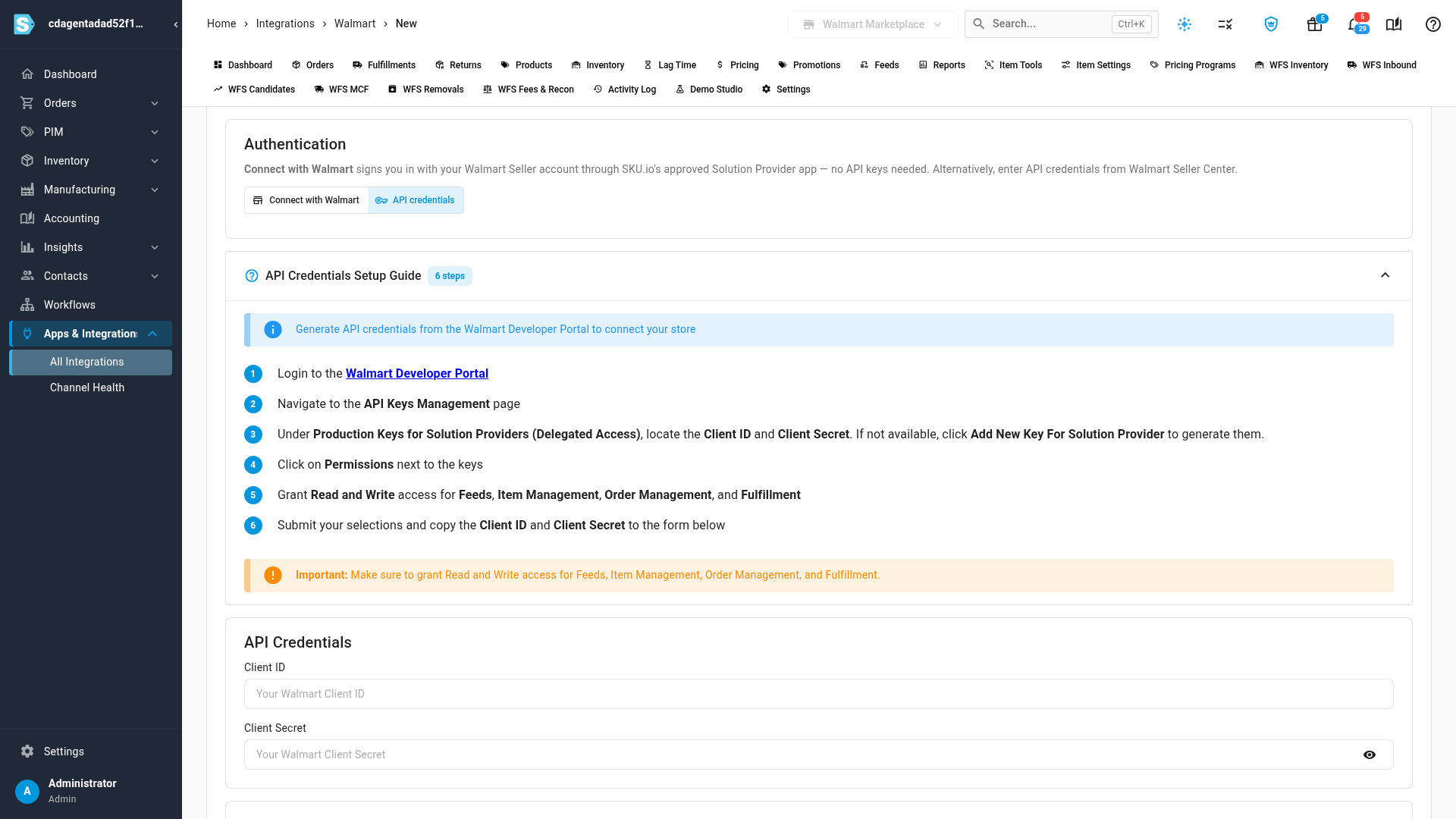API credentials selected, with the API Credentials Setup Guide and the Client ID and Client Secret fields