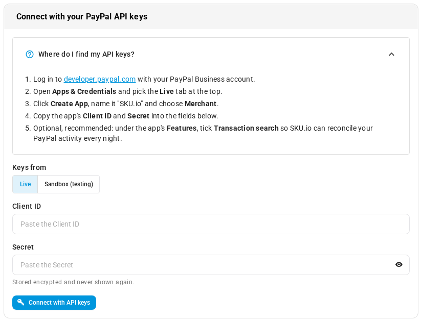 The Connect with your PayPal API keys card, with the Where do I find my API keys? steps open