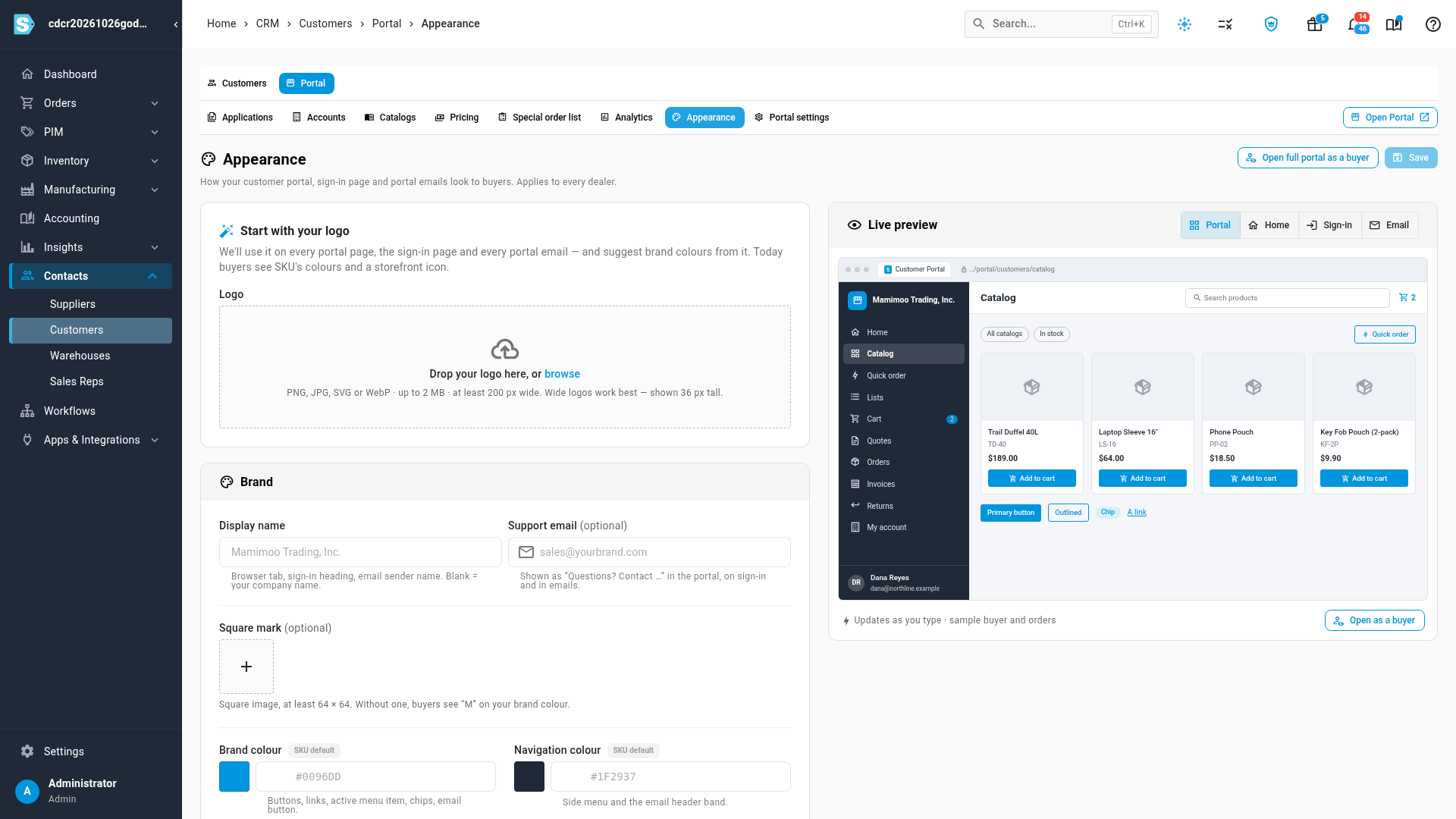 The Appearance tab before any branding, with Start with your logo on the left and the live preview on the right