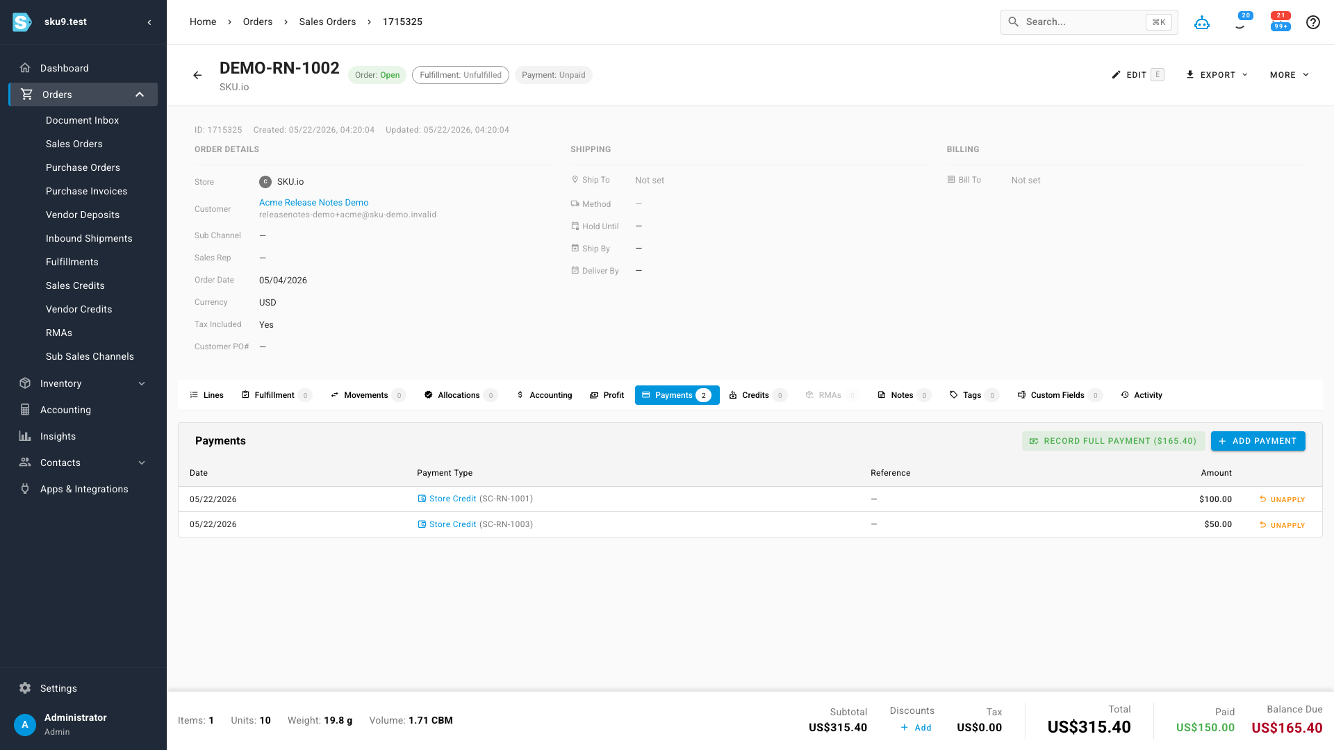 The Payments tab after applying credit, showing two Store Credit rows linked to their source credits, each with an Unapply button, and the order's balance due updated