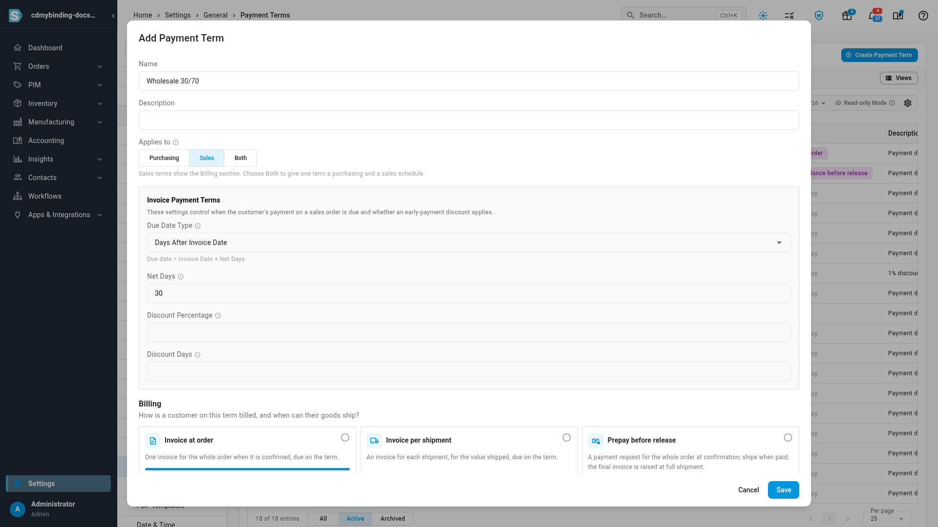 The Add Payment Term dialog with Applies to set to Sales