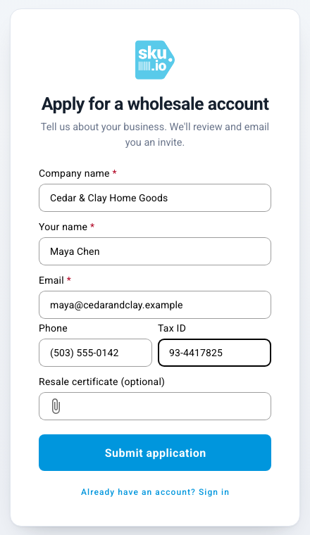 The public Apply for a wholesale account form