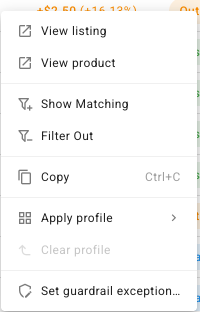 The right-click menu on a Comparison row, with Apply profile and Clear profile