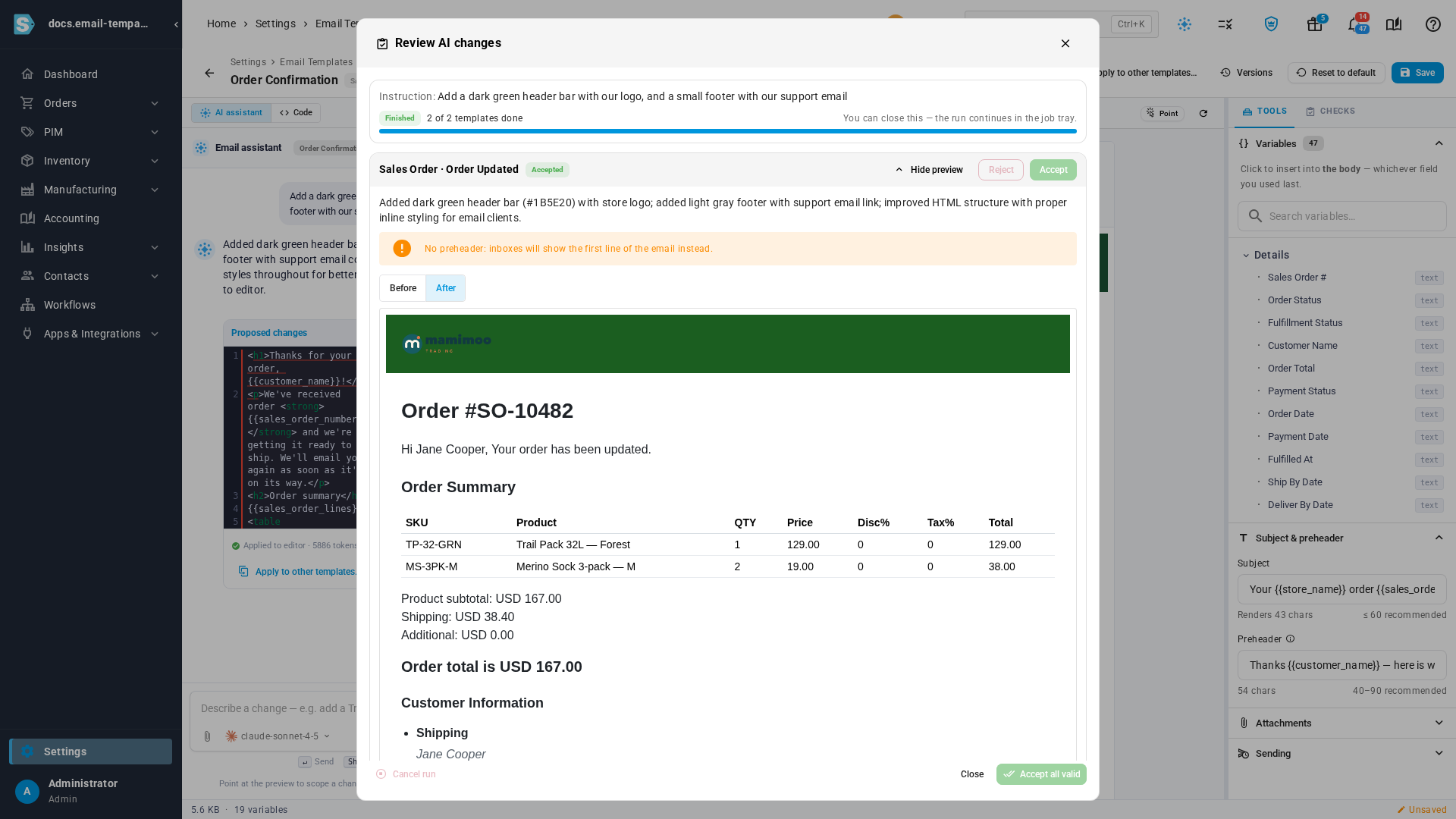 Reviewing an AI change applied to another template, with a before-and-after preview and Accept and Reject buttons