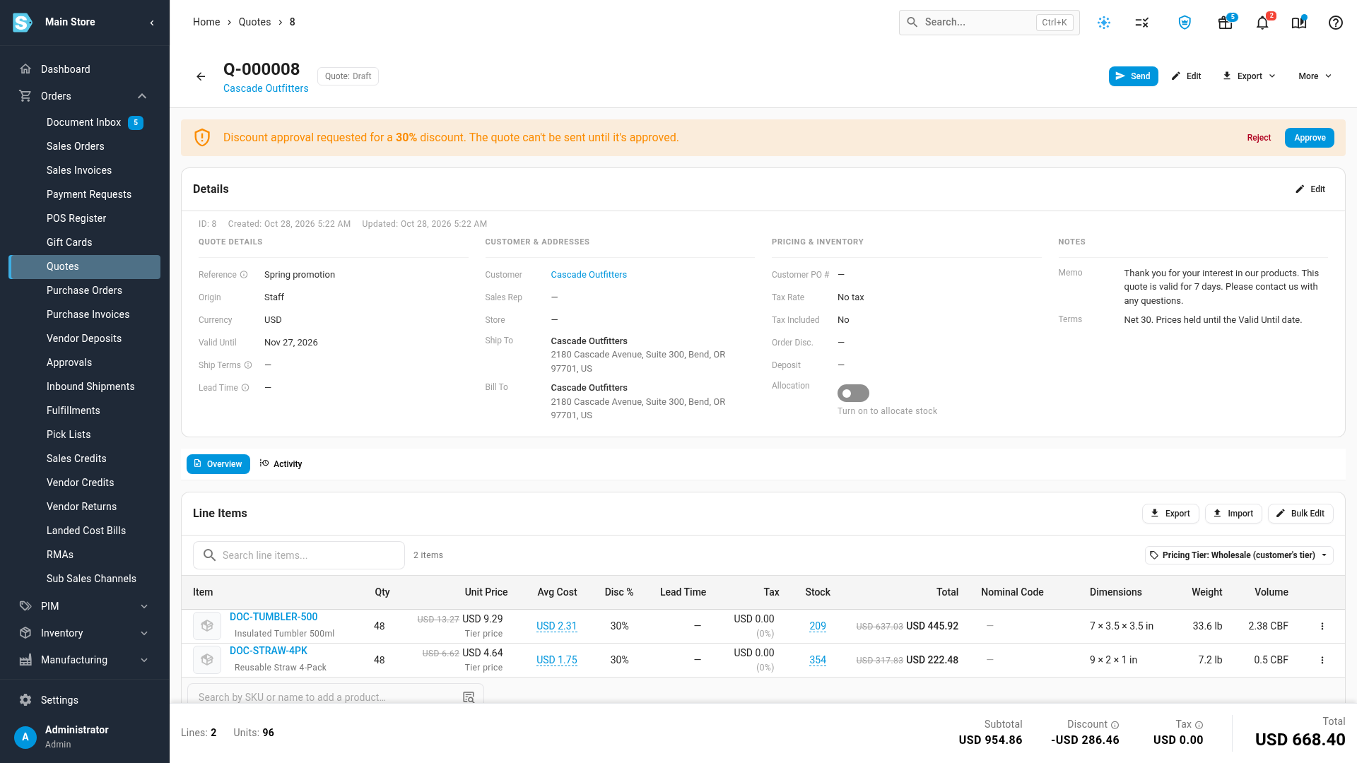 The orange banner on a quote waiting for discount approval, with Reject and Approve