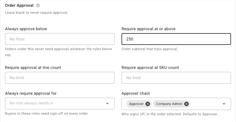 Order Approval rules requiring sign-off at $250, by an Approver then a Company Admin