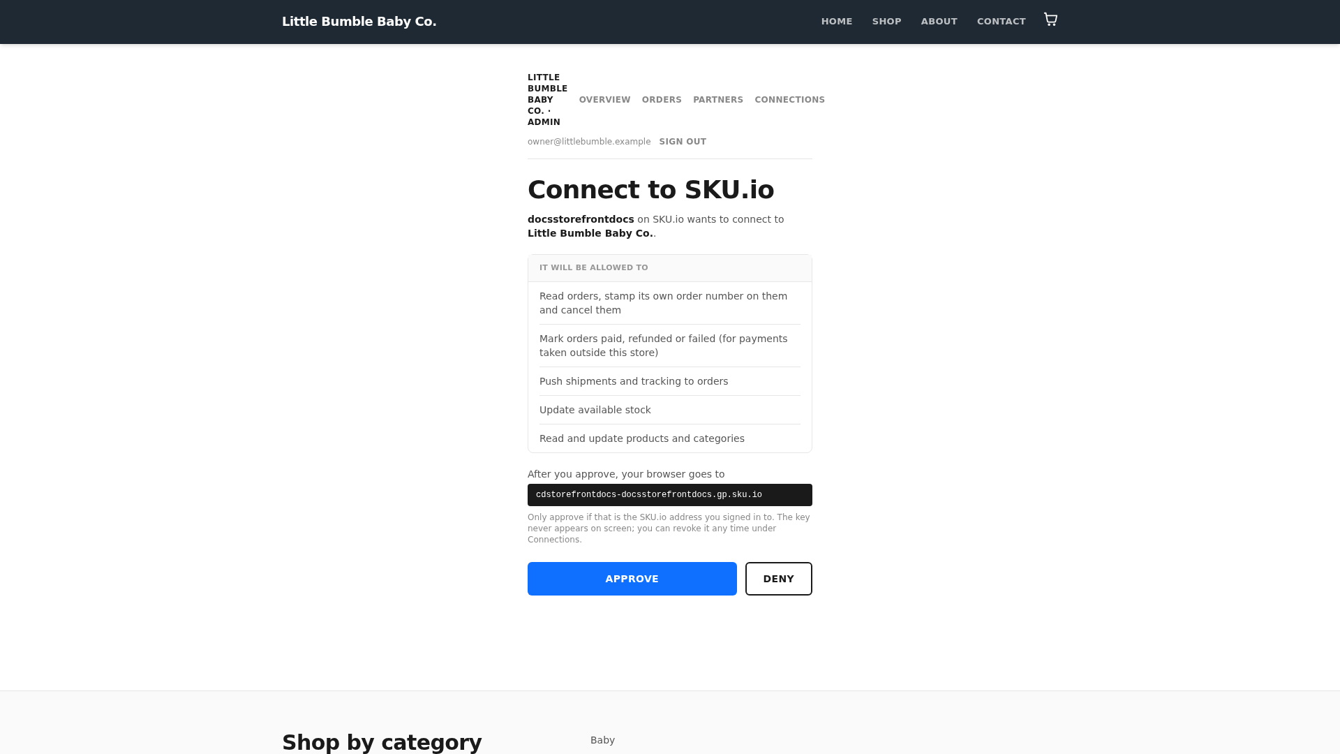 The store's Connect to SKU.io approval screen