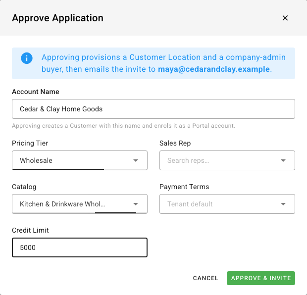 Choosing the new account's terms in Approve Application