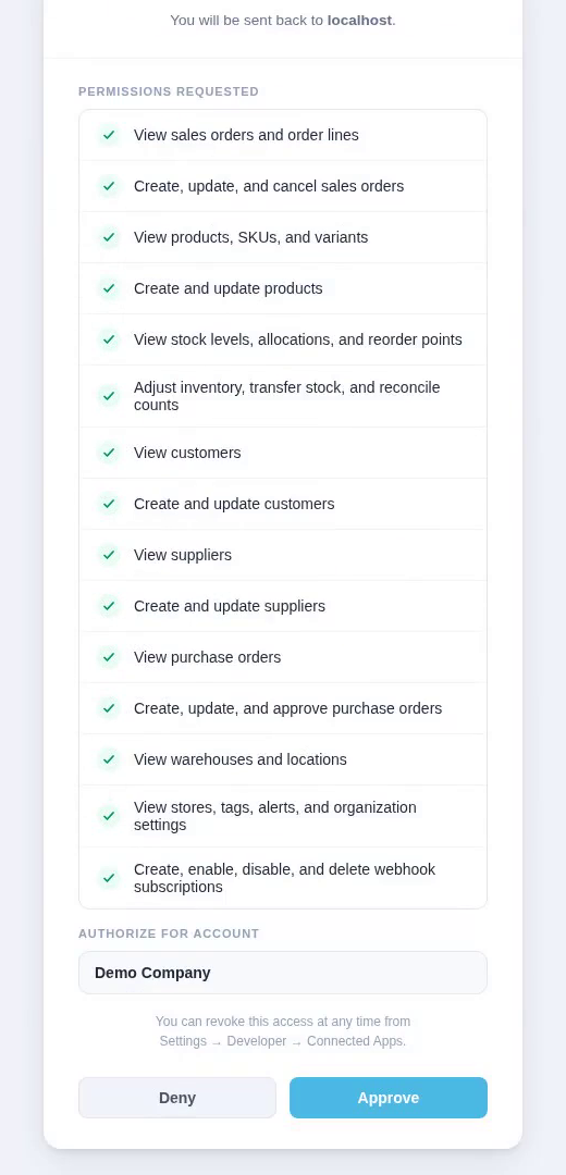 SKU.io's approval screen for n8n, listing the permissions requested and the account