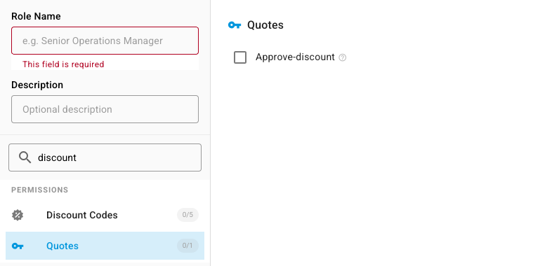 The Quotes permission group in the role editor, with Approve-discount unticked