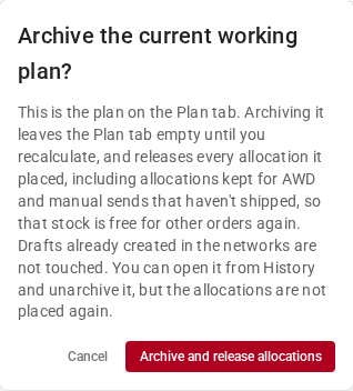 The Archive the current working plan? confirmation, warning that the Plan tab stays empty until you recalculate, that every allocation is released, that drafts in the networks are not touched, and that unarchiving does not place the allocations again, with the red Archive and release allocations button