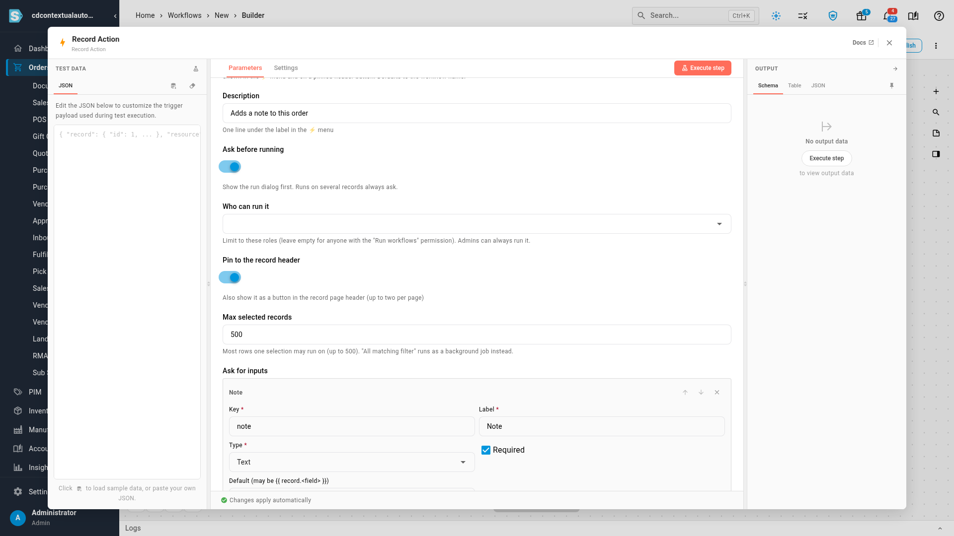 Ask for inputs with one required text input, key note and label Note