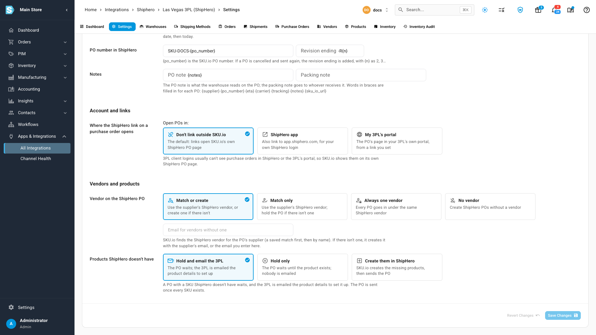 The Content sub-tab's vendor and missing product options