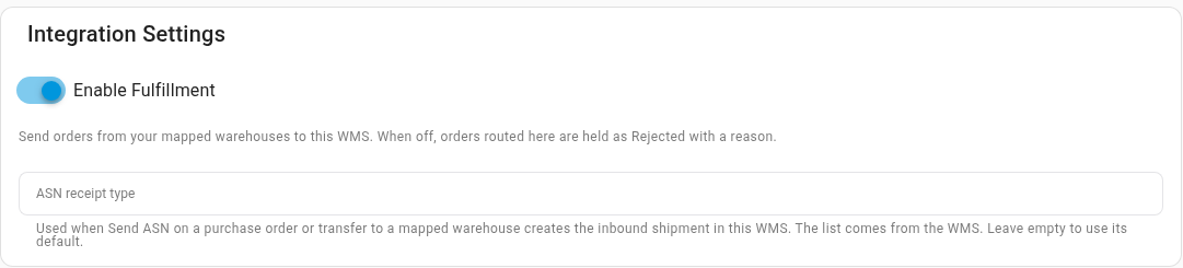 The ASN receipt type field on the Trackstar connection's Settings tab