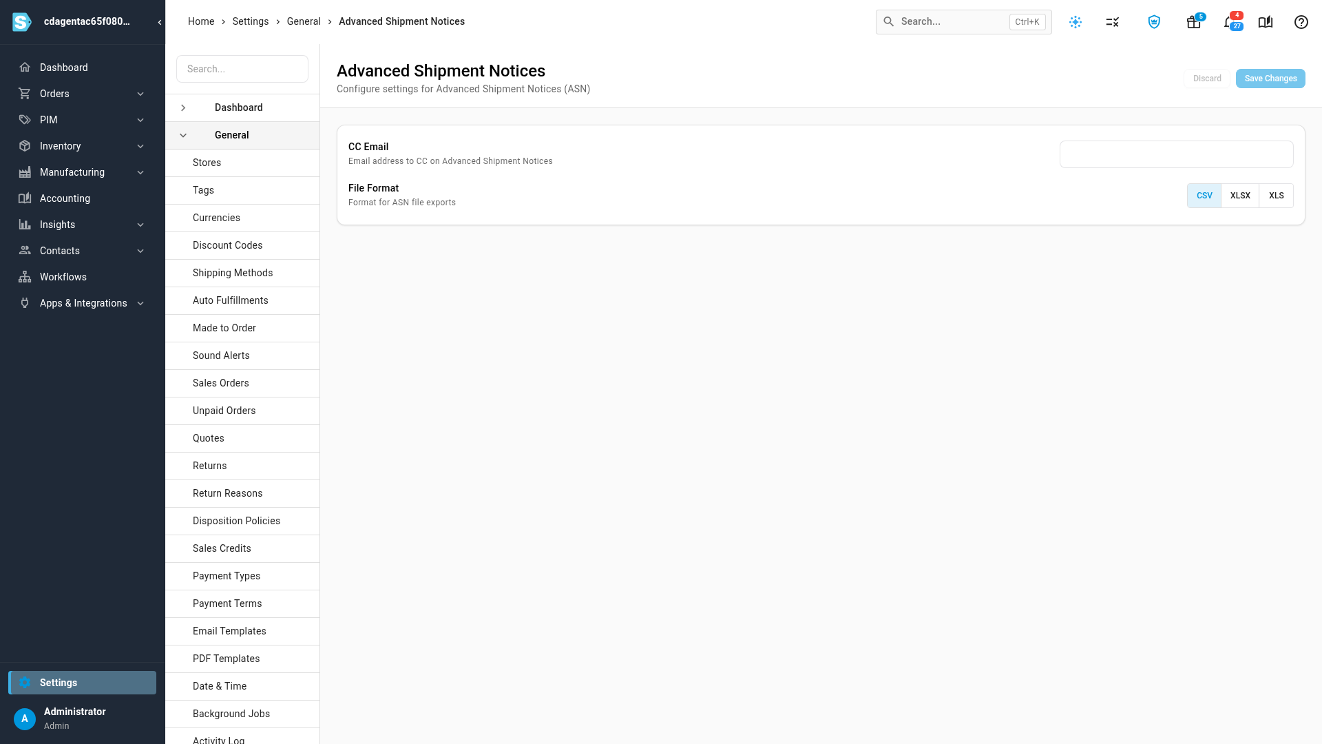 The Advanced Shipment Notices settings: CC Email and File Format
