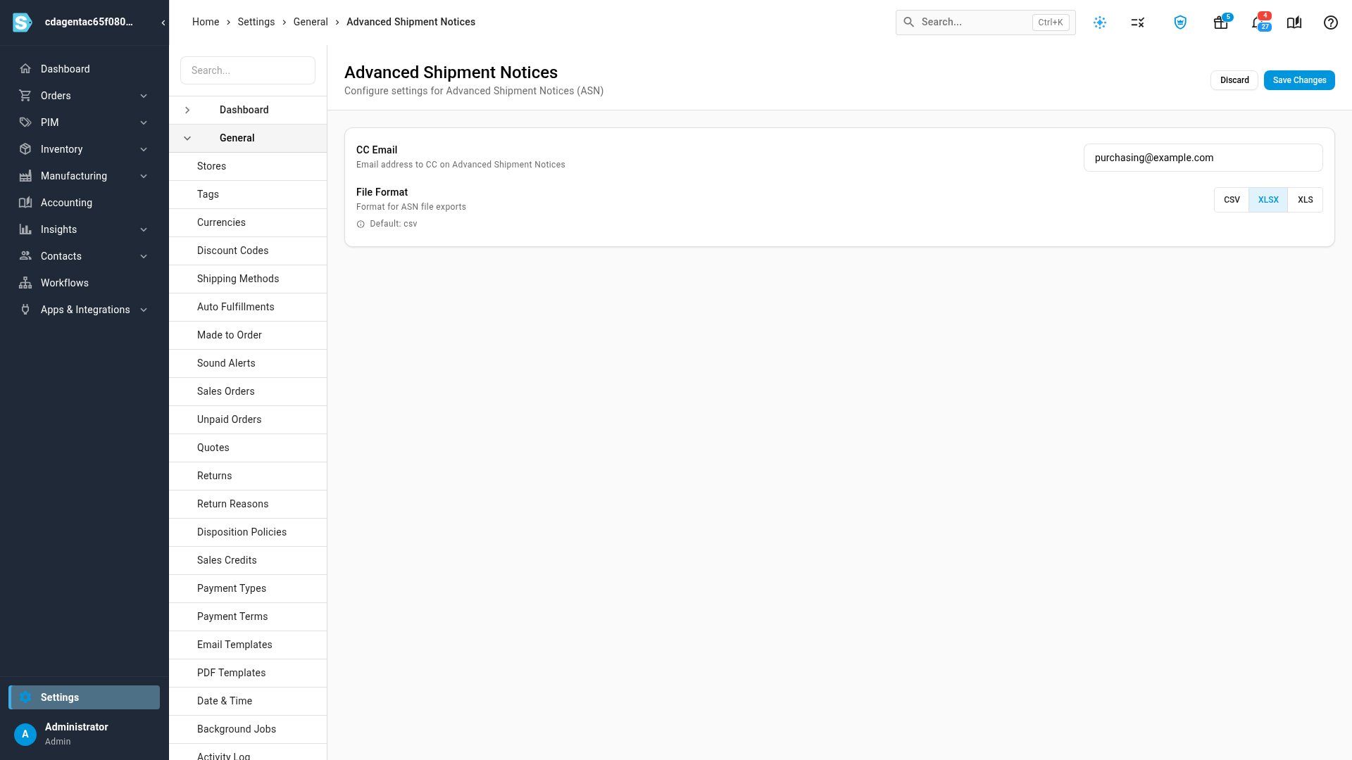 CC Email filled in and XLSX selected