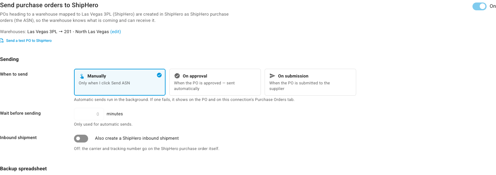 The ASNs tab's Sending sub-tab with Send purchase orders to ShipHero switched on, the mapped warehouse, and the When to send options