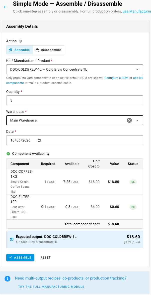 Simple Mode with a recipe selected, showing component availability and the expected output