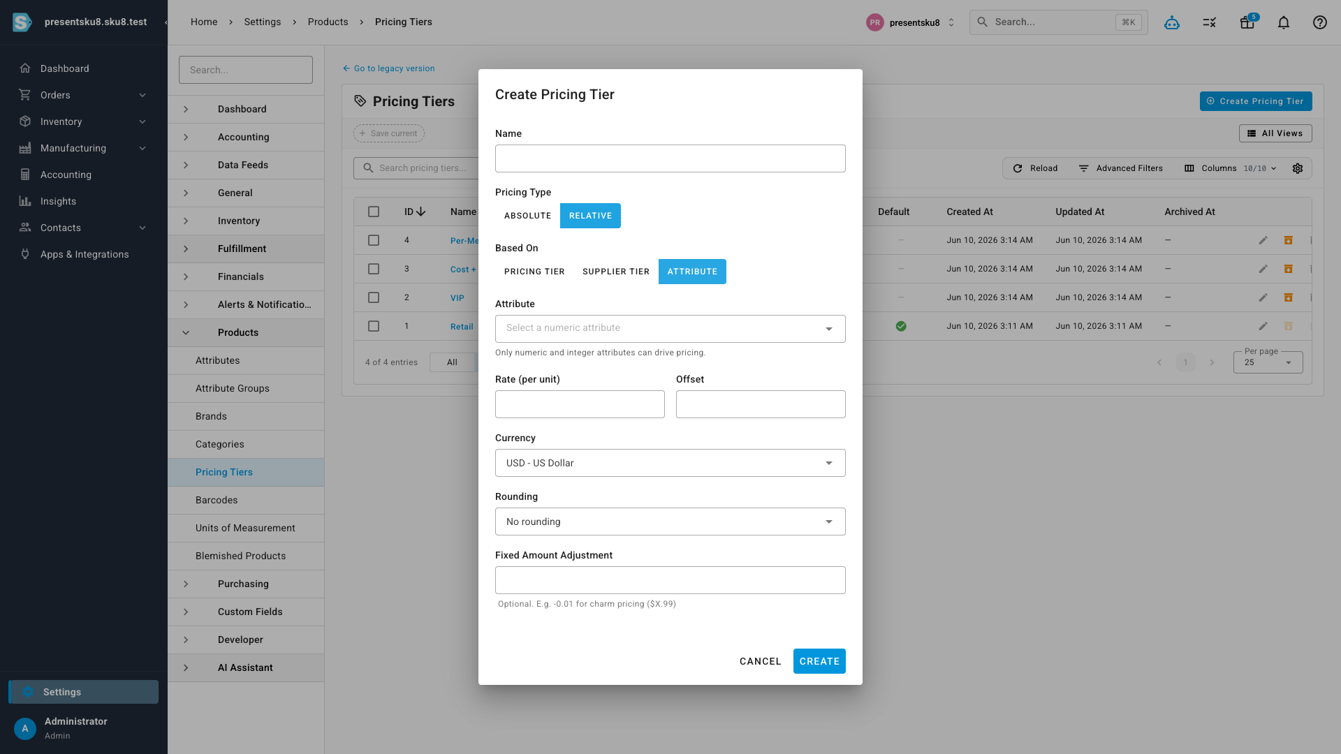 The dialog with the Attribute basis selected, showing the numeric-attribute picker plus Rate and Offset fields