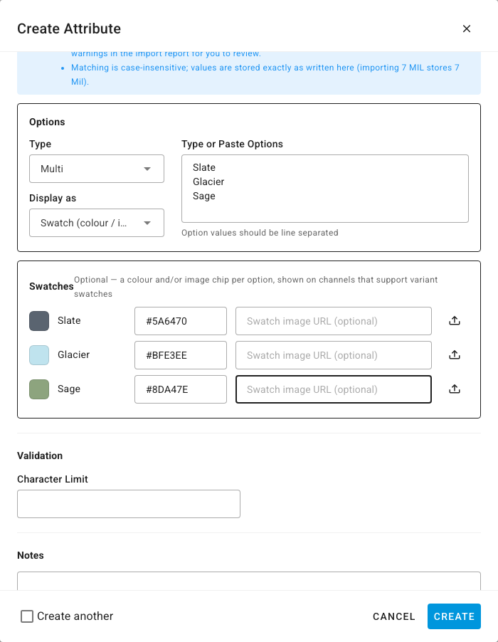 The Create Attribute dialog with Display as set to Swatch and a colour for each of Slate, Glacier and Sage