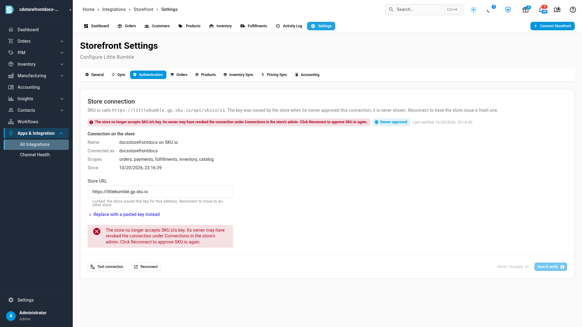 The Authentication tab after a failed test