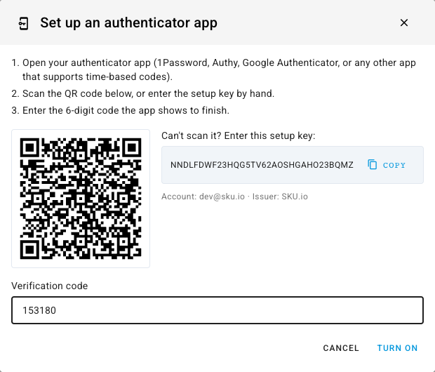 The same dialog with a six-digit verification code entered and the Turn on button now enabled