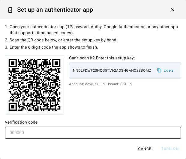 The Set up an authenticator app dialog with numbered instructions, a QR code, a setup key with a copy button, and a verification code field