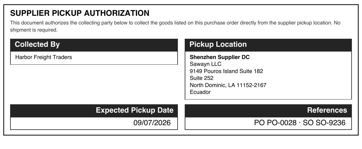 The Supplier Pickup Authorization block on the purchase order PDF — Collected By, Pickup Location, Expected Pickup Date, and PO/SO references