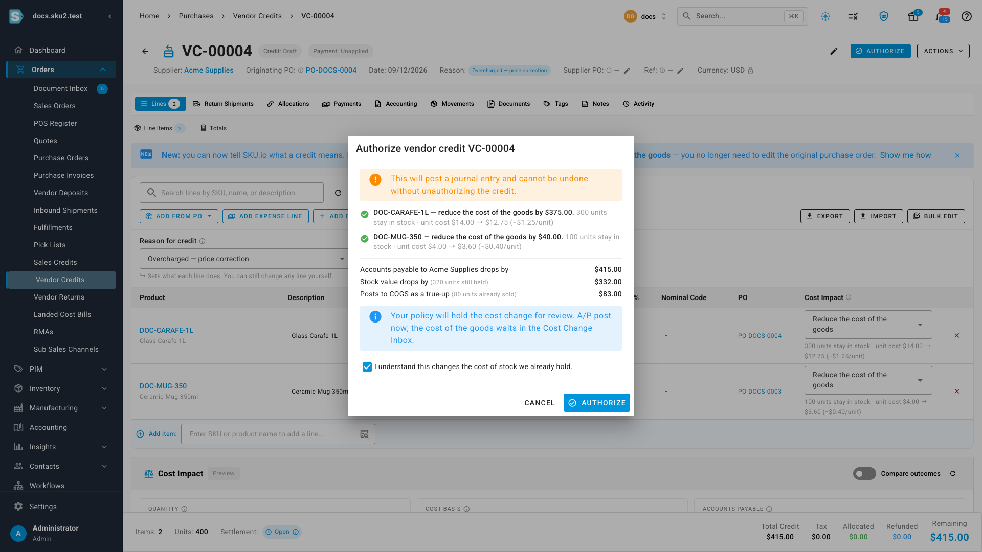 The Authorize dialog with the acknowledgement