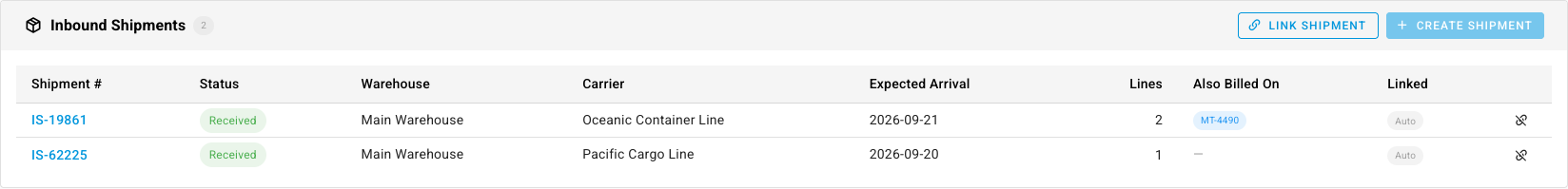 Two shipments linked automatically, each marked Auto in the Linked column