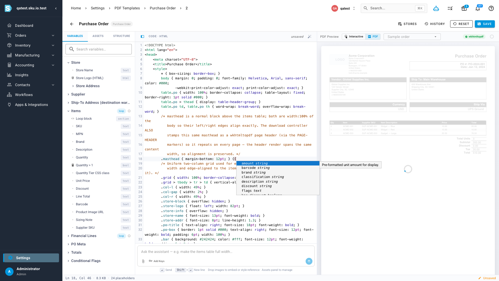 Typing a double curly brace pops up an autocomplete list of the template's variables with descriptions