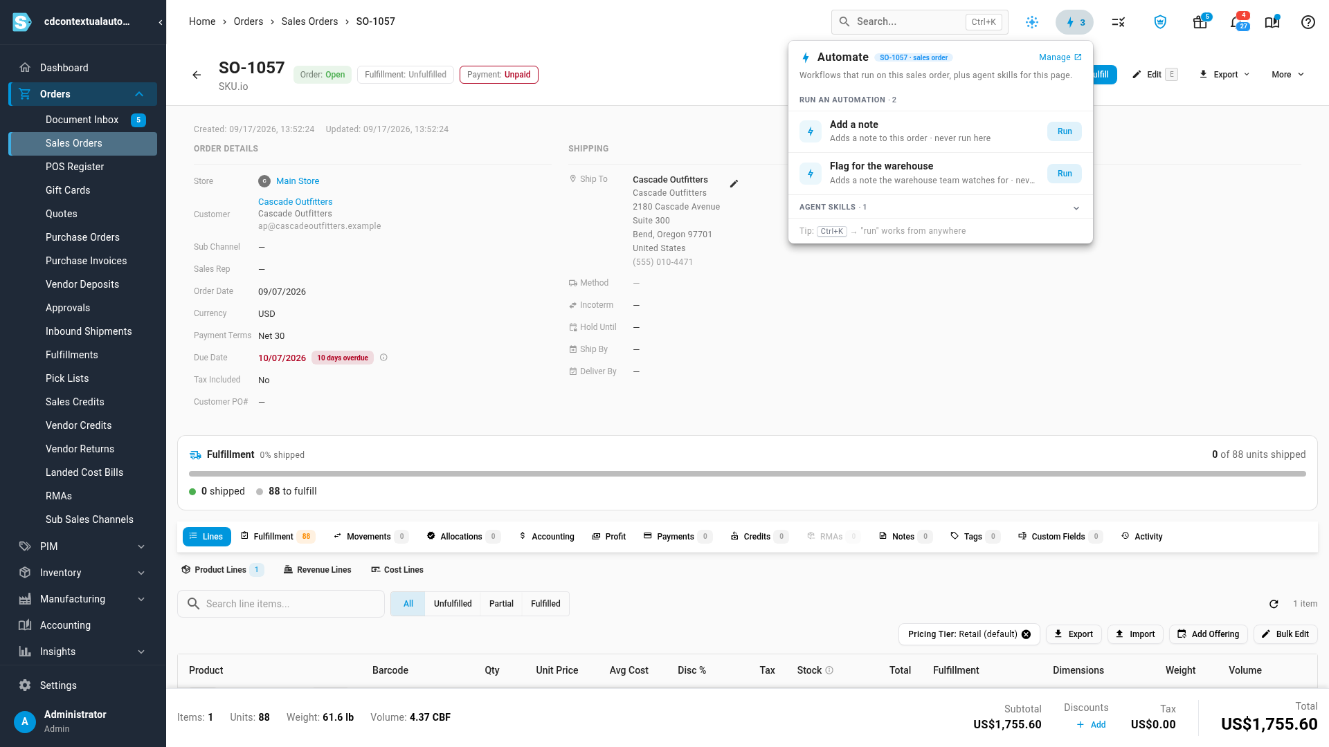 The Automate menu on a sales order listing two automations, each with a Run button