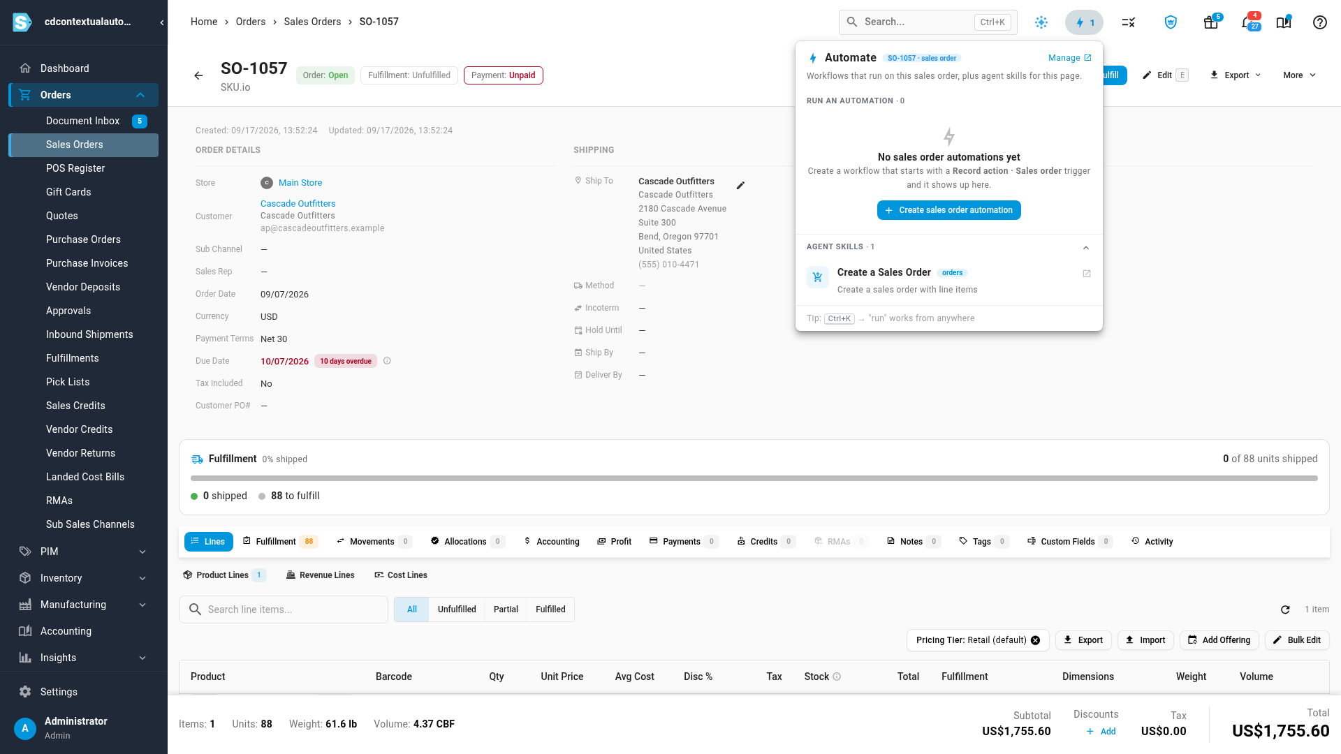 The Automate menu on a sales order with no automations yet, and a Create sales order automation button