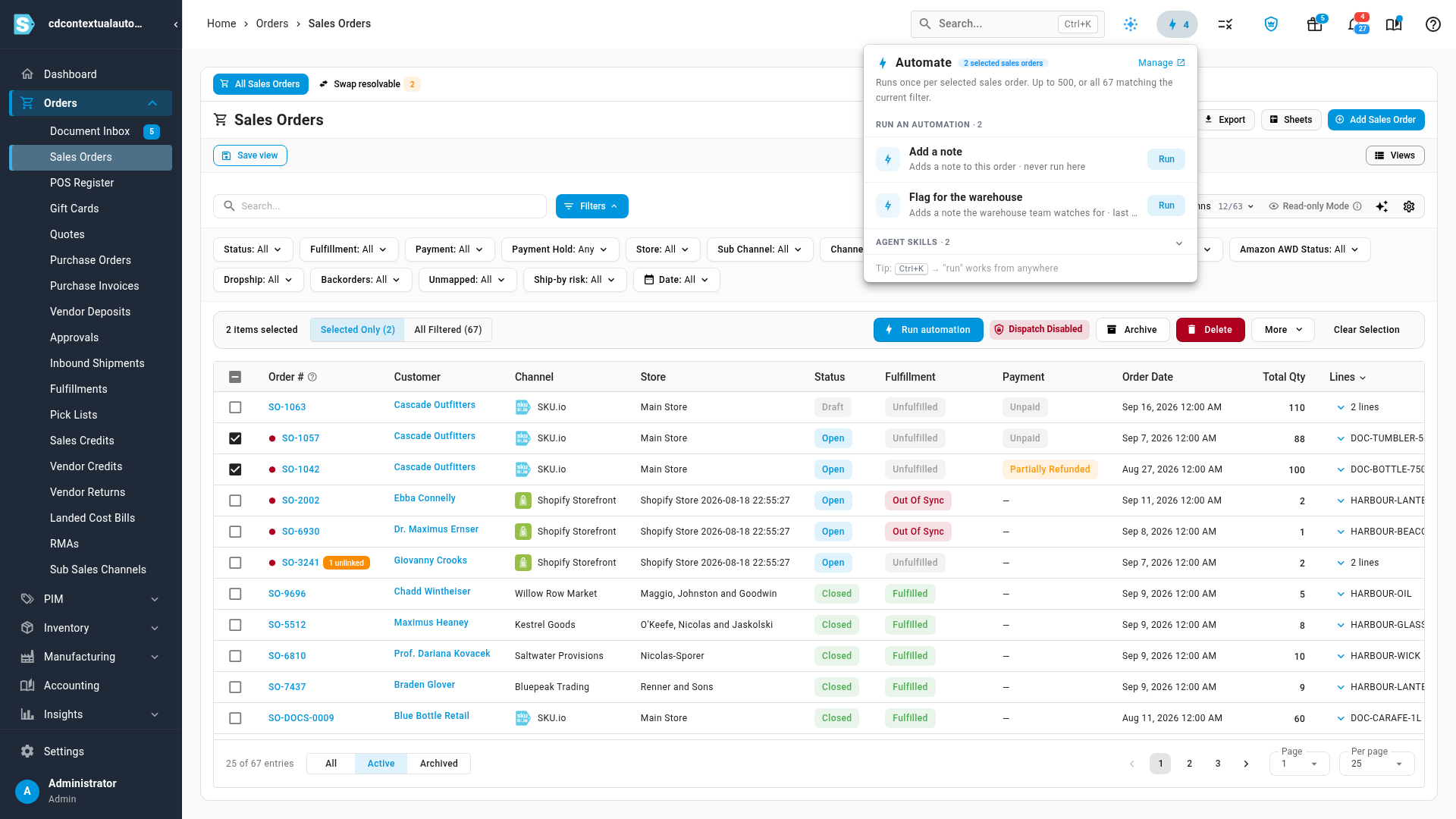 The Automate menu on the Sales Orders list with two orders selected