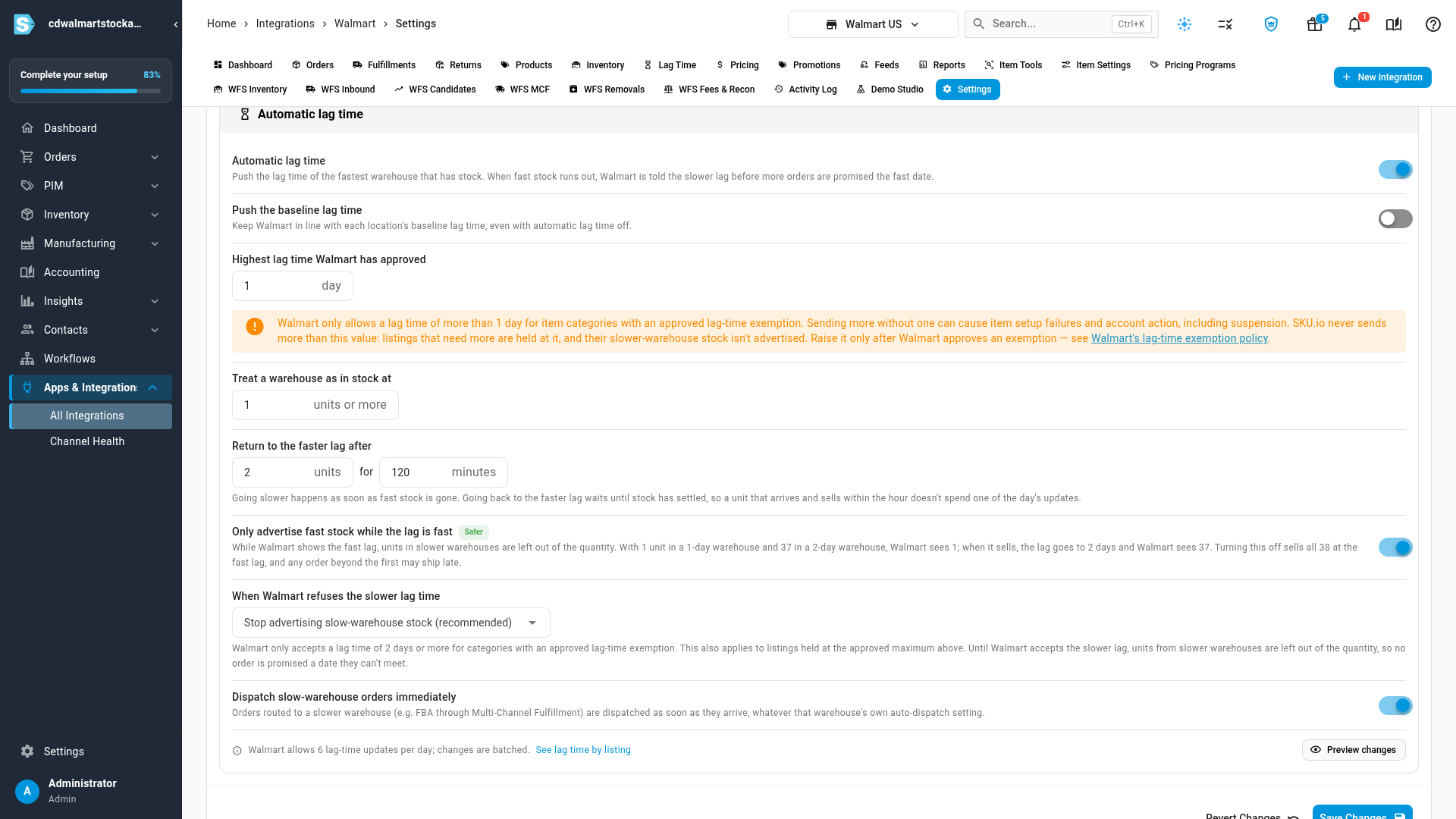 The Automatic lag time settings, with the approved maximum and the warning about Walmart's exemption policy