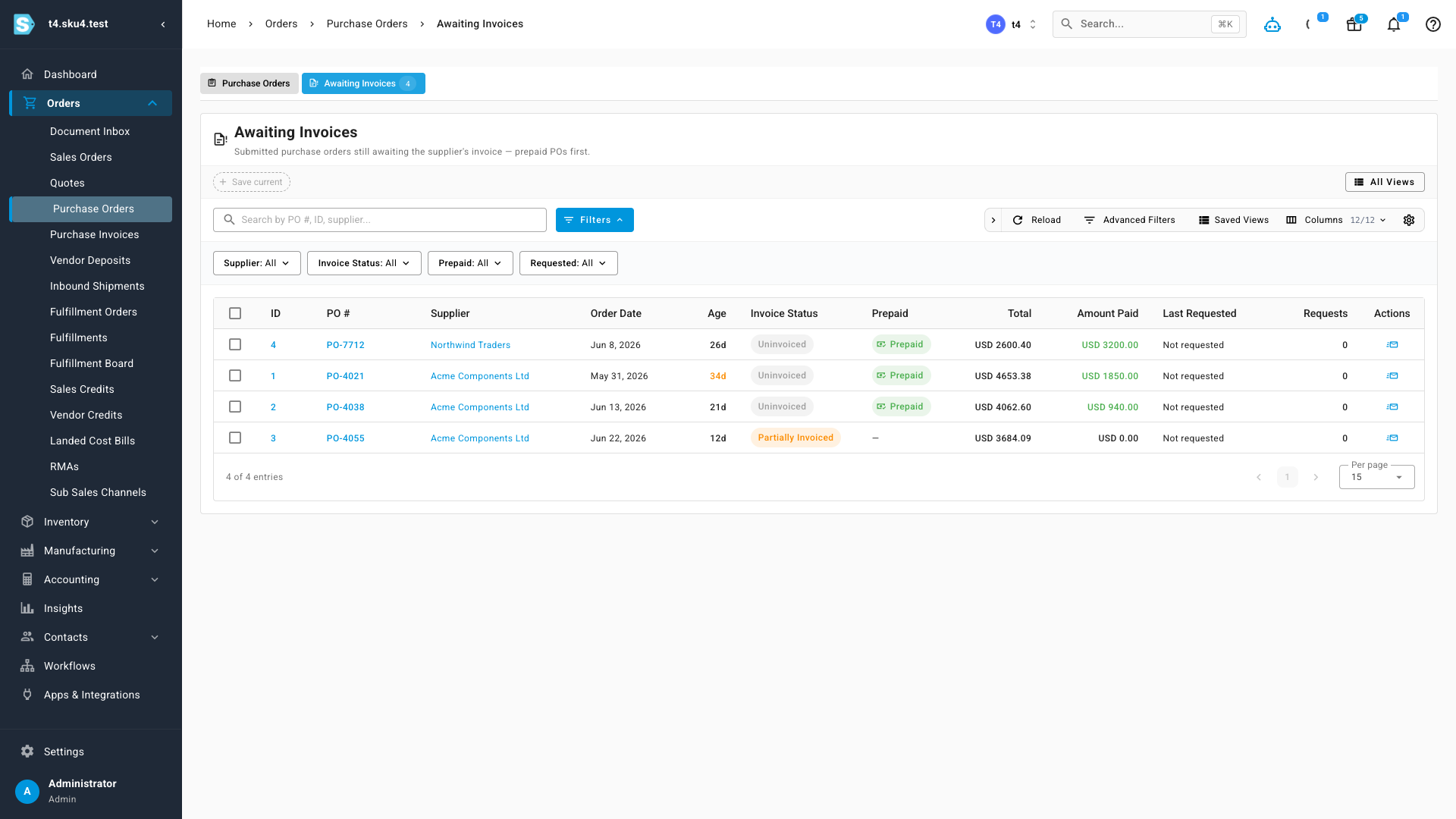The Awaiting Invoices worklist listing submitted purchase orders still waiting on a supplier invoice, with prepaid orders flagged and amounts already paid shown