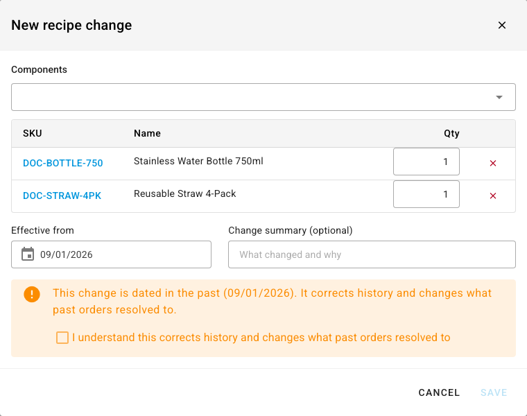 A backdated recipe change with the history-correction warning and the confirmation checkbox