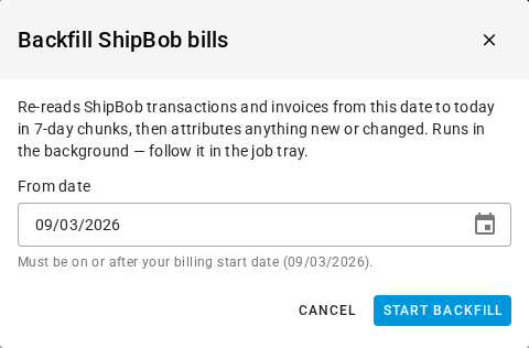 The Backfill ShipBob bills dialog