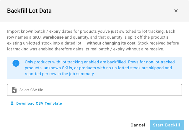 The Backfill Lot Data dialog — CSV upload, template download, and the skipped-rows notice